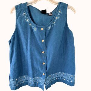 Erika Dusty Blue Linen Embroidered Sleeveless Shell Tank Top Size L Cottagecore